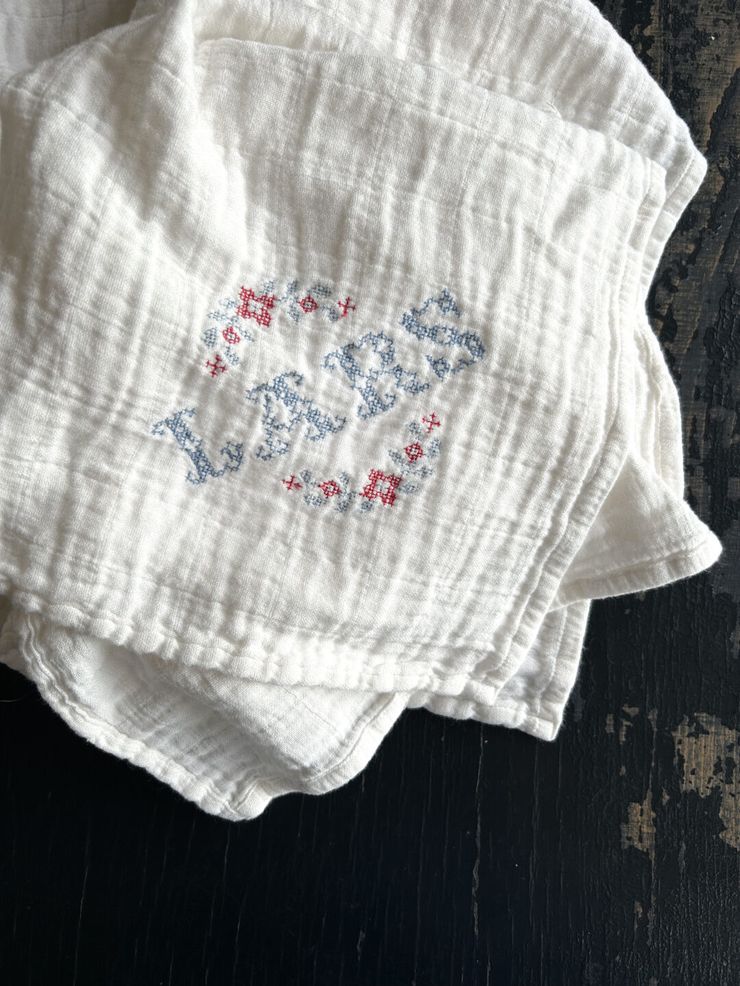 Cross Stitch Name Muslin - Blue